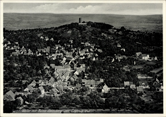 Postcard Weiler Sinsheim in Baden, Burg Steinsberg, aerial photograph