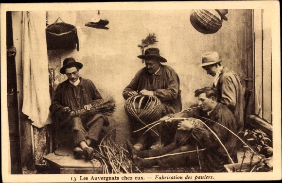 Postcard The Auvergnats at home, Making baskets