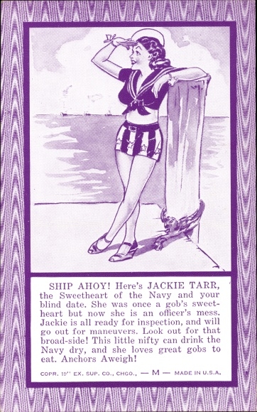 Artiesten Ak Ship ahoy, Hier is Jackie Tarr, US Navy, Soldier Humor, USA