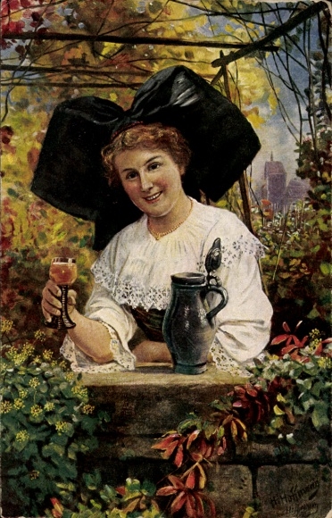 Künstler Ak Hoffmann, H., Elsässer Winzerin, Frau mit Flügelhaube, Weinglas