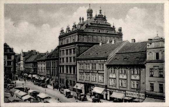 Ak Plzeň Pilsen Stadt, Rathaus, Markt, Stände, Geschäfte