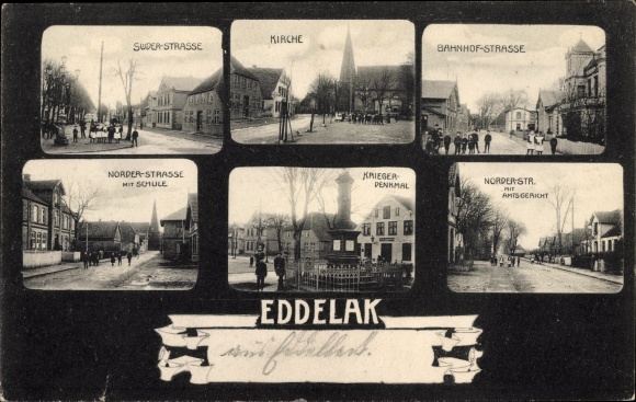KP Eddelak w Dithmarschen, Süderstraße, kościół, Bahnhofstraße, Norderstraße, pomnik wojskowy