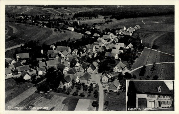 Postcard Sirchingen Bad Urach in the Swabian Alb, aerial photograph, Gasthaus zum Lamm