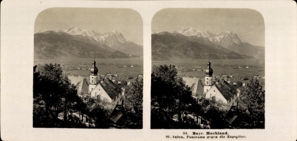 Stereo photo Mittenwald in Upper Bavaria, St. Anton pilgrimage church, Zugspitze, Bavarian Highlands