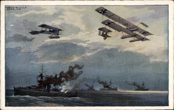 Artist Postcard Schulze, Hans Rudolf, Seaplanes over the English Fleet, World War I