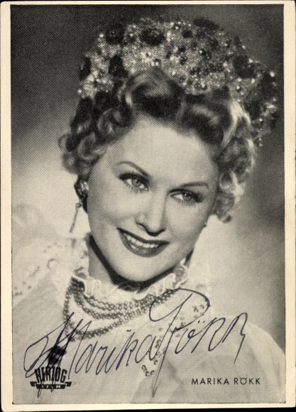 Ak actrice Marika Rökk, portret, handtekening, haaraccessoires