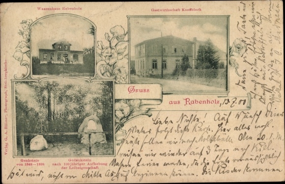 Postcard Rabenholz in Schleswig Holstein, inn, memorial stones, department store