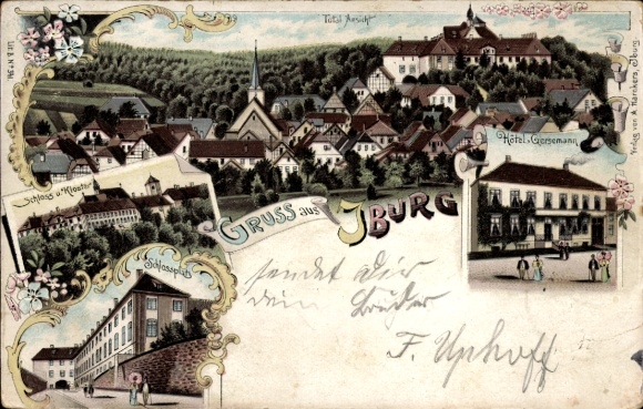 Litho Bad Iburg in Niedersachsen, Stadtpanorama, Schloss, Kloster, Hotel Gersemann