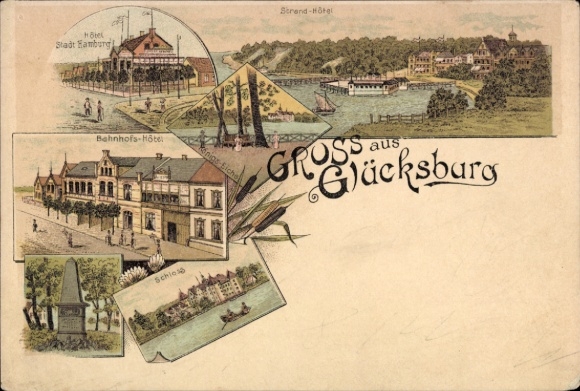 Chromo-Litho Glücksburg on the Baltic Sea, beach hotel, train station hotel, castle
