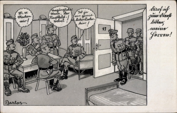 Künstler Ak Barlog, Wehrmacht, Humor, Darf ich zum Dienst bitten