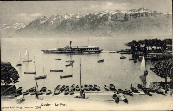 KP Ouchy Lausanne Canton of Vaud, Ouchy - Le Port, łódź, góry, żaglówki, z Lozanny