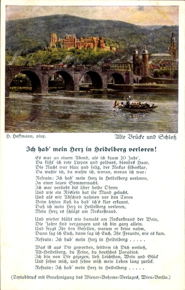 Postcard Heidelberg am Neckar, Old Bridge and Castle, lyrics about a lost heart, H. Hoffmann, Ned