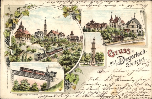 Litho Degerloch Stuttgart in Württemberg, oprit van de tandradbaan, toren