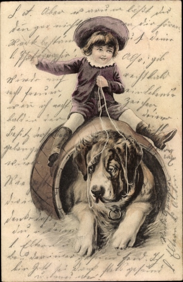 Postcard boy on a barrel, St. Bernard, kennel