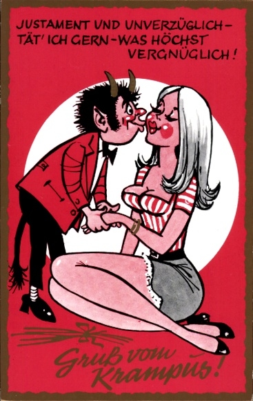 Kunstenaar Ak Groeten van Krampus, kus, vrouw met grote borsten in minirok