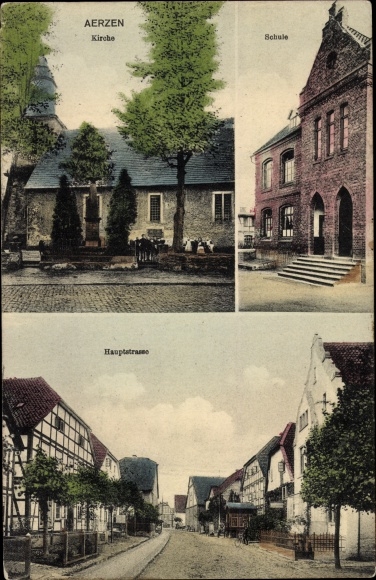 Postcard Aerzen im Weserbergland, church, school, main street
