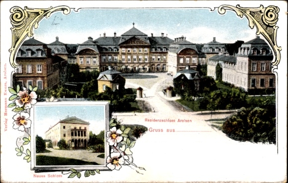 Postcard Bad Arolsen in Hesse, New Castle, Residence Castle colored illustration, floral decoration
