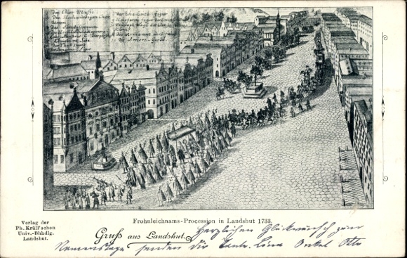 Postcard Landshut in Lower Bavaria, Corpus Christi Procession 1738, architecture, festive parade