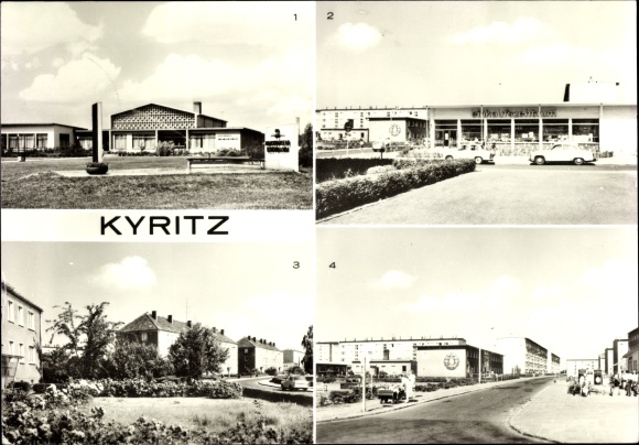 Postcard Kyritz in der Prignitz, Kulturhaus Wilhelm-Pieck, HO shopping center, Friedensstrasse