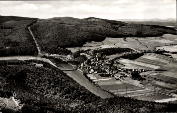 PC Hemfurth Edertal Hessen, general view of the place, bird&#39;s eye view, river bend, pipes, forest