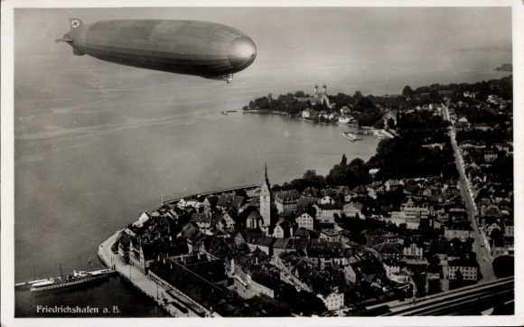 Postcard Friedrichshafen on Lake Constance, airship Graf Zeppelin, aerial photograph
