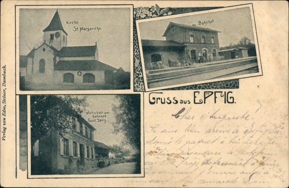 Postcard Epfig Alsace Bas Rhin, Church of St. Margaret, train station, economy at the train station