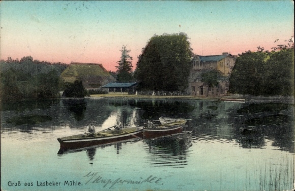 Postcard Lasbek in Schleswig-Holstein, Lasbek Mill, rowing boats