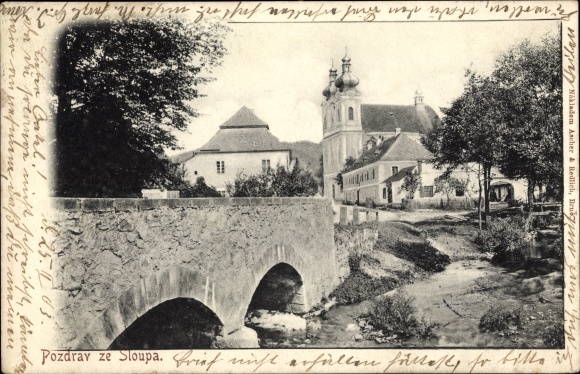 Postcard Sloup Slaup South Moravia, partial view with bridge and church