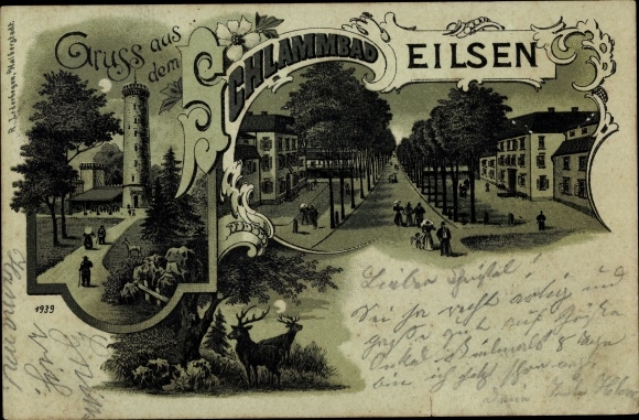 Moonlight litho Bad Eilsen in the Schaumburg district, street section, tower