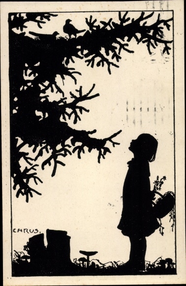 Paper cut artist Postcard Carus, girl under a tree, bird&#39;s nest