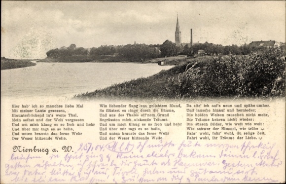 Ak Nienburg an der Weser, Flusslandschaft, Gedicht über Erinnerungen, Bäume, Himmel und ferne ...