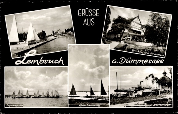 Ak Lembruch op het Dümmermeer, Brinkmeyers Strandlust, zeilregatta, aanlegsteiger, gedeeltelijk uitzicht