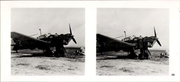 Stereo spatial image photo flying and winning No. 30, Junkers Ju 87 after the enemy flight