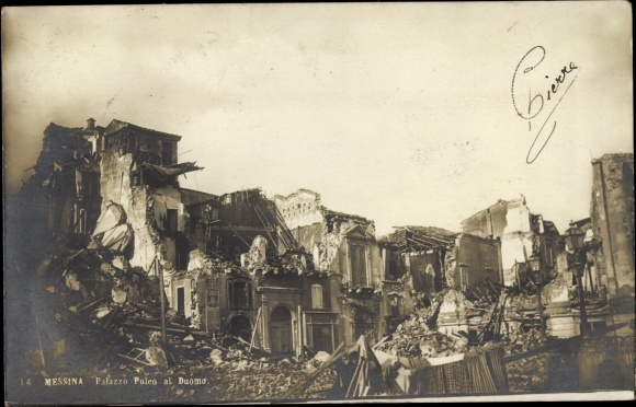 Postcard Messina Sicily, Palazzo Pulco al Duomo, destruction after the 1908 earthquake