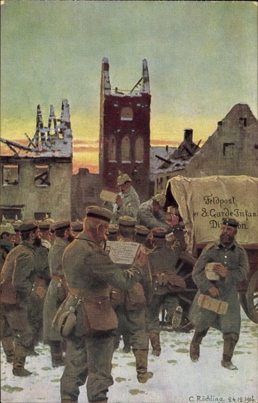 Artist Postcard Röchling, C., Arrival of gifts of love, soldiers, packages, field post 3rd Guards Inf. Div.