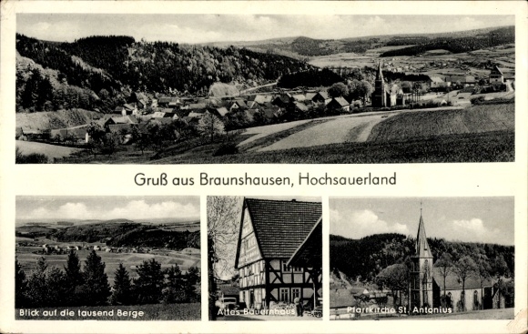 Postcard Braunshausen Hallenberg in the Sauerland, general view, thousand mountains, parish church of Saint Antonius