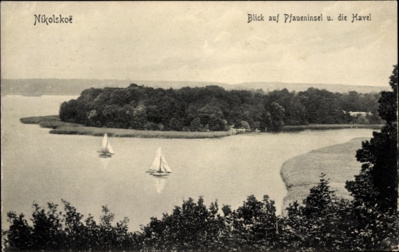 Ak Berlin Zehlendorf Wannsee, Nikolskoe, Blick auf die Havel, Pfaueninsel, Segelboote, Landschaft