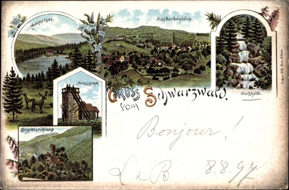 Chromo-Litho Sasbachwalden in the Black Forest, Hornisgrinde, Mummelsee, Brigittenschloss, long shot