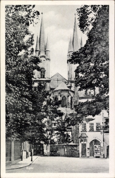 Postcard Hohenberg an der Eger Upper Franconia, two tall towers, trees, street, s buildings