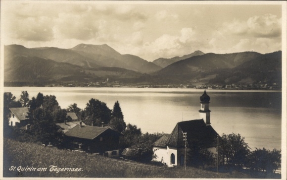 Postcard St. Quirin Gmund am Tegernsee Upper Bavaria, St. Quirin am Gegernsee, in the background the Teger...