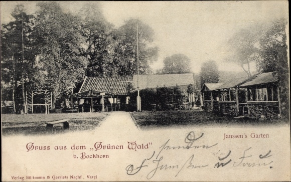 Postcard Bockhorn in Oldenburg Friesland, Inn zum Grünen Wald, Janssen&#39;s Garten
