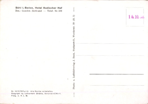Postcard Bühl in Baden Schwarzwald, aerial photograph, Hotel Badischer Hof