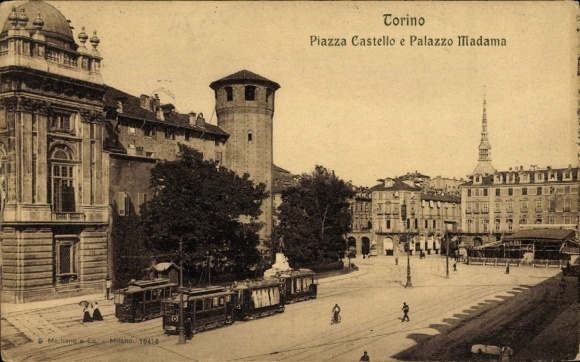 Ak Torino Turin Piemonte,  Piazza Castello, Palazzo Madama, historische Straßenbahn