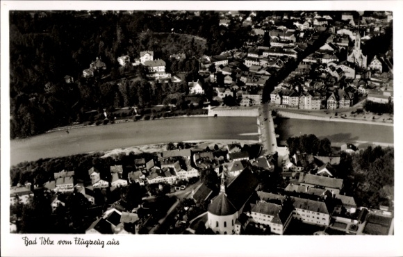 Postcard Bad Tölz in Upper Bavaria, aerial view of cityscape, river landscape