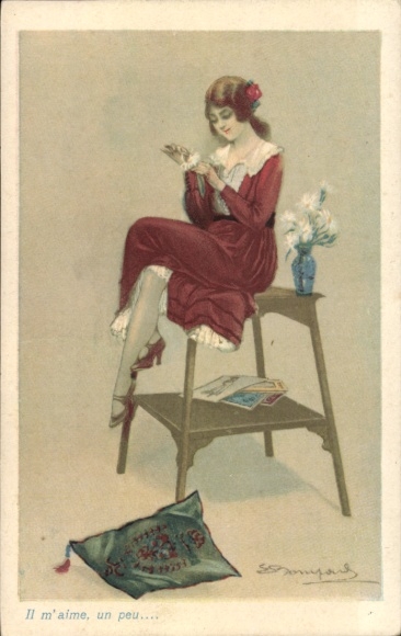 Artist Postcard Bompard, Sergio, woman in love plucks flower