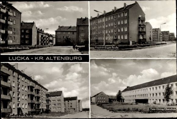 Ak Lucka im Altenburger Land, Friedrichs-Engels-Straße, Hochhäuser, Peter-Göring-Oberschule