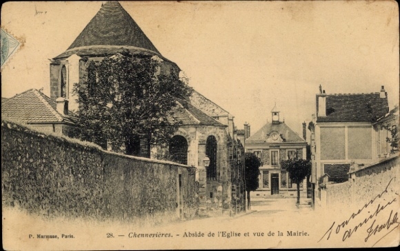 Ak Chennevières sur Marne Val de Marne, Abside der Kirche, Blick auf die Mairie,  Architektur