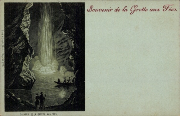 Chromo-Litho Côte aux Fées Canton Neuchâtel Switzerland, grotto, waterfall