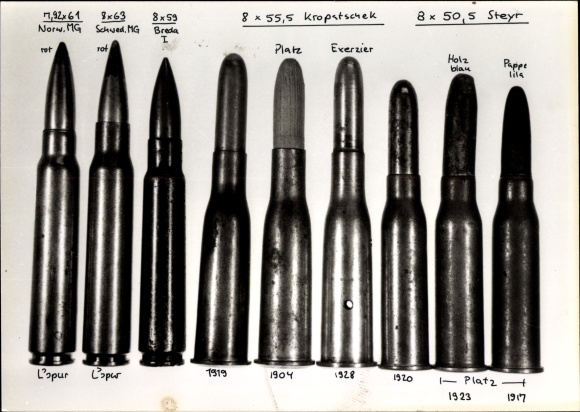 Photo Ammunition, Patronen, Norw. MG, Sweden. MG, 8x55.5 Kropatschek 1904, 1919, 8x50.5 Steyr