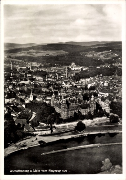 Postcard Aschaffenburg in Lower Franconia, aerial view of the Main, architecture